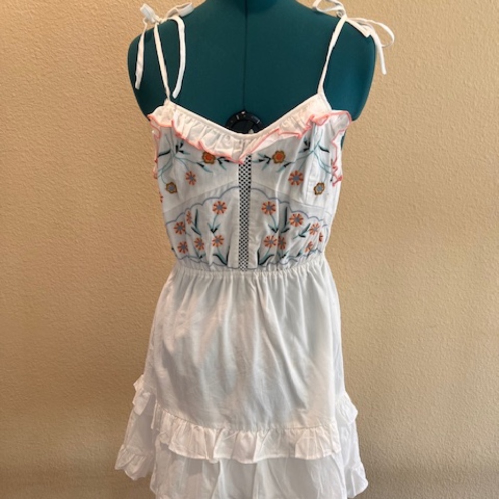 LULU’S Chasing Joy Boho White Floral Embroidered Tie-Strap Mini Dress
